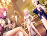  3girls alternate_costume arm_under_breasts azur_lane bangs belfast_(azur_lane) belfast_(the_noble_attendant)_(azur_lane) black_dress blue_eyes braid breasts broken broken_chain center_opening chain chandelier china_dress chinese_clothes chinese_commentary cocktail_dress covered_nipples criss-cross_halter crossed_legs cup cutout_above_navel dress duke_of_york_(azur_lane) dutch_angle elbow_gloves evening_gown feet_out_of_frame french_braid from_side gloves gosama halterneck hand_on_own_chest highres holding holding_cup huge_breasts illustrious_(azur_lane) illustrious_(maiden_lily&#039;s_radiance)_(azur_lane) large_breasts legs light_smile long_hair looking_at_viewer multiple_girls official_alternate_costume one_eye_closed open_mouth parted_bangs pelvic_curtain purple_dress purple_eyes purple_gloves purple_hair reflective_floor see-through short_sleeves sitting sleeveless sleeveless_dress standing thighhighs tri_tails very_long_hair white_dress white_thighhighs 