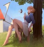  1girl absurdres against_tree bangs bare_legs barefoot bench blonde_hair blue_shirt blue_sky braid breasts bug butterfly commentary crown_braid day elf english_commentary feet from_side full_body grass hair_ornament hand_up high-waist_skirt highres holding holding_notepad holding_pen knee_up leaf leaning_back legs light_brown_hair looking_at_another makinoatorie medium_breasts miniskirt notepad on_bench open_mouth outdoors painterly parted_bangs pen pointy_ears princess_zelda profile shade shirt shirt_tucked_in short_hair sidelocks sitting skirt sky sleeves_past_wrists solo surprised the_legend_of_zelda the_legend_of_zelda:_breath_of_the_wild the_legend_of_zelda:_tears_of_the_kingdom tiptoes toes tree under_tree white_skirt windmill 