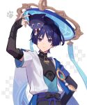  1boy 32_oogawa absurdres animal animal_ears animal_on_head animalization arm_armor arm_up bangs belt black_belt black_bow black_shirt black_shorts blue_gemstone blue_headwear blue_vest blunt_ends bow bowtie cat cat_ears cat_tail closed_mouth gem genshin_impact gold hair_between_eyes hand_on_hip hand_up hat highres jewelry jingasa leaf looking_at_another looking_down looking_up male_focus mandarin_collar necklace no_mouth official_alternate_costume on_head open_clothes open_vest parted_bangs pom_pom_(clothes) purple_belt purple_eyes purple_fur purple_hair red_bow red_bowtie red_eyeliner ring scaramouche_(genshin_impact) shirt short_hair short_sleeves shorts simple_background sitting sitting_on_person sleeveless sleeveless_shirt standing tail tassel teeth two-tone_vest vest vision_(genshin_impact) wanderer_(genshin_impact) white_background white_vest 