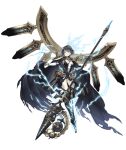  1girl alice_(sinoalice) alternate_eye_color blue_hair breasts cape dark_blue_hair eye_trail full_body gloves holding holding_polearm holding_weapon ji_no light_trail lightning looking_at_viewer official_art orange_eyes polearm short_hair sinoalice small_breasts solo spear tattoo torn_cape torn_clothes transparent_background weapon white_gloves 