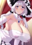  1girl azur_lane blue_eyes blue_gemstone breasts detached_collar dress elbow_gloves from_below gem gloves hanging_breasts hat highres huge_breasts illustrious_(azur_lane) lactation lactation_through_clothes long_hair looking_at_viewer solo strapless strapless_dress sun_hat wee_(weeyy) white_dress white_gloves white_hair white_headwear 