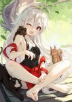  1girl ;d absurdres animal_on_shoulder apron bare_shoulders barefoot black_apron black_cat breasts cat chiya_(urara_meirochou) day fang feet hair_between_eyes highres indian_style legs long_hair looking_at_viewer one_eye_closed open_mouth outdoors qianze_chia red_eyes red_skirt sideboob sitting skin_fang skirt smile soles solo toes urara_meirochou very_long_hair white_hair 