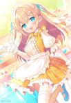  1girl :d apron blonde_hair blue_footwear blue_ribbon blurry blurry_background bow collared_shirt commentary_request depth_of_field dress frilled_apron frilled_dress frills hair_ribbon hand_up highres ikari_(aor3507) long_hair looking_at_viewer maid_headdress orange_dress original pleated_dress puffy_short_sleeves puffy_sleeves ribbon shirt shoes short_sleeves sleeveless sleeveless_dress smile solo thighhighs two_side_up very_long_hair waist_apron waitress white_apron white_shirt white_thighhighs yellow_bow 