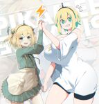  2girls amano_pikamee apron bangs bare_shoulders blonde_hair breasts double_bun dress green_eyes hair_bun highres holding_hands huge_breasts looking_at_viewer medium_hair multiple_girls official_alternate_costume open_mouth radio_antenna sharp_teeth shirt shorts sidelocks sinensian smile standing teeth virtual_youtuber voms white_shirt 