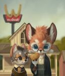  1boy 1girl :3 american_gothic animal_ear_fluff animal_ears animal_nose arm_at_side artist_name black_eyes blue_eyes blue_jacket blue_overalls blue_shirt blue_sky blurry blurry_background brand_name_imitation brown_fur brown_vest building chicken_nuggets closed_mouth collared_shirt commentary day english_commentary fine_art_parody flat_chest food fork fox_boy fox_ears fox_girl furry furry_female furry_male glasses grey_fur hand_up happy holding holding_food holding_fork jacket logo_parody long_sleeves looking_at_another looking_at_viewer looking_to_the_side mcdonald&#039;s multicolored_fur orange_fur orange_hair original outdoors overalls parody round_eyewear shirt short_hair silverfox5213 sky smile snout straight-on thick_eyebrows twitter_username vest watermark web_address whiskers white_fur white_shirt yellow_fur 