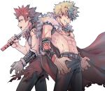  2boys abs alternate_universe back-to-back bakugou_katsuki bangs belt belt_buckle black_pants blonde_hair body_markings boku_no_hero_academia brown_belt buckle cape commentary cowboy_shot earrings elbow_pads floating_cape from_side fur-trimmed_cape fur_trim gloves grey_gloves grin hand_up head_down holding holding_sword holding_weapon jewelry katana kirishima_eijirou looking_to_the_side magatama magatama_earrings male_focus medieval multicolored_hair multiple_boys multiple_earrings multiple_necklaces necklace no_nipples no_shirt official_alternate_costume pants parted_lips profile red_cape red_eyes red_hair ritsuko_(rittii) sharp_teeth sideways_mouth simple_background single_bare_arm single_glove sleeveless smile spiked_hair streaked_hair sword teeth toned toned_male tooth_necklace torn_cape torn_clothes waist_cape weapon white_background 