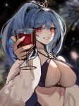  1girl absurdres alcohol blue_hair blurry blush breasts choker cleavage cleavage_cutout clothing_cutout criss-cross_halter cup depth_of_field dress drinking_glass drunk fireworks fur_coat hair_ornament hairpin halter_dress halterneck highres holding holding_cup josal large_breasts long_hair night night_sky original parted_lips pink_eyes ponytail sky smile solo toast_(gesture) unfinished upper_body wine wine_glass 