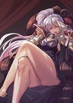  1girl bangs blood cape commission commissioner_upload fangs fire_emblem fire_emblem:_genealogy_of_the_holy_war glass highres ishtar_(fire_emblem) jewelry long_hair necklace red_eyes shouma_(bravespiritya) sitting skeb_commission slit_pupils thick_thighs thighs throne vampire 