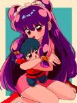  1boy 1girl blush_stickers character_doll chinese_clothes double_bun hair_bun hair_ornament highres looking_at_viewer open_mouth purple_hair ranma_1/2 red_footwear sanamaru_(sana79261827) saotome_ranma shampoo_(ranma_1/2) size_difference 