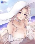 1girl :d absurdres azur_lane bangs bare_shoulders beach bikini blue_eyes breasts choker cleavage copyright_name cross cross_choker english_commentary hat highres large_breasts logo long_hair long_sleeves looking_at_viewer lying official_alternate_costume on_stomach parted_bangs pumpkinpaii see-through see-through_sleeves smile sun_hat swimsuit white_hair yorktown_(azur_lane) yorktown_ii_(azur_lane) yorktown_ii_(bright-sky_mermaid)_(azur_lane) 
