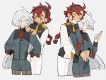  2girls ahoge arms_around_waist asticassia_school_uniform black_hairband blue_eyes blush breasts closed_eyes crossed_legs green_jacket green_shorts grey_background grey_eyes grey_hair gundam gundam_suisei_no_majo hair_between_eyes hairband hand_on_another&#039;s_chin hands_on_another&#039;s_shoulder hands_on_hips highres holding holding_phone hug hug_from_behind jacket long_hair long_sleeves low_ponytail minamip miorine_rembran multi-tied_hair multiple_girls multiple_views open_mouth pale_skin pantyhose phone red_hair school_uniform short_hair_with_long_locks shorts small_breasts suletta_mercury tears thick_eyebrows white_jacket white_shorts yuri 