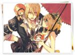  1boy 1girl bangs black_jacket black_vest blonde_hair blue_eyes closed_eyes commentary_request dress eating edna_(tales) eizen_(tales) feeding food fork holding holding_fork jacket looking_at_another normin_(tales) open_mouth red_umbrella short_hair sleeveless sleeveless_dress tales_of_(series) tales_of_berseria tokio_(okt0w0) umbrella upper_body vest white_background 