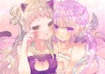  2girls ahoge animal_ear_fluff animal_ears bare_shoulders blue_hair breasts cat_lingerie cat_tail cleavage_cutout closed_mouth clothing_cutout collarbone eyes_visible_through_hair frills hololive lingerie long_hair looking_at_viewer meme_attire minato_aqua moo_(umineko) multicolored_hair multiple_girls murasaki_shion nail_polish open_mouth purple_eyes purple_hair ribbon tail twintails underwear virtual_youtuber white_hair yellow_eyes 