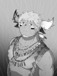  1boy absurdres animal_ears bara bare_shoulders chest_hair cow_boy cow_ears cow_horns eye_black facial_hair fiery_horns forked_eyebrows gin_no_hikari goatee greyscale highres horns jewelry large_pectorals long_sideburns looking_at_viewer male_focus mismatched_horns monochrome muscular muscular_male native_american necklace pectoral_cleavage pectorals rain sad short_hair sideburns sleeveless solo thick_eyebrows tokyo_afterschool_summoners tooth_necklace wakan_tanka wakan_tanka_mugen 