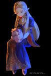  1girl artist_name bangs black_background blonde_hair blue_dress braid bridal_gauntlets closed_eyes closed_mouth dress full_body highres long_dress long_hair maruta_maruta parted_bangs pointy_ears side_braid sitting solo the_legend_of_zelda the_legend_of_zelda:_breath_of_the_wild thick_eyebrows tiara twitter_username wide_sleeves 