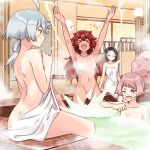  &gt;_&lt; 4girls :d afro_puffs ahoge arms_up bangs bath blue_hair blush breasts chuatury_panlunch closed_eyes convenient_censoring grey_eyes grey_hair gundam gundam_suisei_no_majo hair_between_eyes indoors long_hair medium_breasts miorine_rembran multiple_girls nika_nanaura nude one_eye_closed open_mouth parted_bangs partially_submerged pink_eyes pink_hair ponytail red_hair sanada_ikki short_hair sitting smile splashing steam steam_censor suletta_mercury sweatdrop thick_eyebrows towel xd 