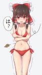  1girl absurdres bangs bikini blush bow breasts cleavage cold crossed_arms feet_out_of_frame forneus_0 grey_background groin hair_bow hair_tubes hakurei_reimu highres large_breasts leaf looking_at_viewer medium_hair navel open_mouth red_bikini red_bow red_eyes sidelocks simple_background solo speech_bubble standing sweatdrop swimsuit touhou translation_request trembling wind 