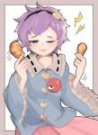  1girl bangs black_hairband blue_shirt blush buttons chicken_leg commentary_request cowboy_shot coxinha_roll dual_wielding eyeball food fried_chicken frilled_shirt_collar frilled_sleeves frills hair_ornament hairband heart heart_button heart_hair_ornament highres holding holding_food komeiji_satori lightning_bolt_symbol long_sleeves looking_at_viewer meme messy_hair one_eye_closed open_mouth paryan2010 pink_skirt purple_eyes purple_hair ribbon-trimmed_collar ribbon_trim shirt short_hair skirt smile solo third_eye touhou wide_sleeves 