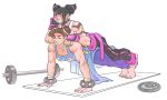  2girls absurdres barbell biceps black_hair brown_hair chun-li drill_hair exercise hair_horns han_juri hand_on_another&#039;s_shoulder highres lais_leite lying_on_person multicolored_hair multiple_girls muscular muscular_female push-ups sleeveless streaked_hair street_fighter street_fighter_6 sweat training twin_drills yuri 