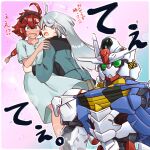  2girls ahoge asticassia_school_uniform black_hairband blue_eyes blush dress green_eyes green_jacket green_shorts grey_hair gundam gundam_aerial gundam_suisei_no_majo hair_between_eyes hair_tie hairband hand_on_another&#039;s_shoulder hand_on_another&#039;s_waist jacket long_hair long_sleeves low_ponytail mecha miorine_rembran mobile_suit multiple_girls open_mouth pantyhose pink_background red_hair robot sanada_ikki school_uniform short_hair_with_long_locks short_sleeves shorts suletta_mercury sweatdrop thick_eyebrows v-fin wavy_mouth white_dress 