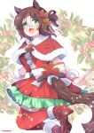  1girl :d animal_ears bangs bow brown_hair capelet christmas clover_hair_ornament clover_ornament commentary dress fine_motion_(umamusume) floating frilled_dress frills from_side fur-trimmed_capelet fur_cuffs fur_trim green_eyes hair_ornament half_updo high_heels highres holly horse_ears horse_girl horse_tail legs_up light_particles looking_at_viewer looking_back medium_hair multicolored_hair namatyoco open_mouth red_capelet red_dress red_footwear red_thighhighs short_dress smile solo standing tail thighhighs twitter_username two-tone_hair umamusume white_bow white_hair wreath 