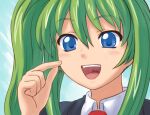  1boy 1girl bangs blue_eyes chijinda_you erika_(shukushou_gakuen) giant giantess green_hair hair_between_eyes imminent_vore long_hair looking_at_another miniboy non-web_source ochiko open_mouth saliva school_uniform shukushou_gakuen size_difference smile smug solo_focus teeth upper_teeth_only 