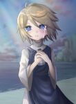  1girl bangs beach blonde_hair bottle chromatic_aberration cloud collared_shirt crying crying_with_eyes_open evillious_nendaiki habit hair_ornament hairclip half-closed_eyes highres holding holding_bottle kagamine_rin light_rays looking_afar message_in_a_bottle nun ocean parted_lips regret_message_(vocaloid) riliane_lucifen_d&#039;autriche sand shirt short_hair solo streaming_tears sunbeam sunlight tears urin_(coconuts3252) vocaloid wide_sleeves 