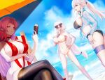  3girls alternate_costume arm_under_breasts ass azur_lane bangs beach belfast_(azur_lane) bikini bird black_bikini black_thighhighs blue_gemstone blue_hair blue_jacket breasts chinese_commentary choker cropped_jacket day duke_of_york_(azur_lane) eyewear_on_head from_side gem gosama hand_on_hip hand_on_own_chest highres huge_breasts illustrious_(azur_lane) jacket large_breasts long_hair multiple_girls open_clothes open_jacket outdoors parted_bangs purple_eyes purple_hair red_choker red_one-piece_swimsuit slingshot_swimsuit standing sunglasses swimsuit thigh_strap thighhighs very_long_hair water white_bikini white_bird 
