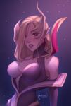  1girl absurdres artist_name bangs bare_shoulders blonde_hair coven_morgana dress earrings hair_over_one_eye highres horns jewelry league_of_legends long_hair long_sleeves morgana_(league_of_legends) multicolored_background parted_lips pointy_ears red_eyes red_lips single_horn solo starli_(starlianechan) teeth upper_body watermark 