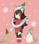  1girl :3 :d absurdres animal animal_ear_fluff animal_ears artist_name bangs black_hair black_pantyhose blue_eyes boots brown_eyes candy candy_cane cat cat_ornament chibi christmas christmas_lights commentary_request dot_nose food full_body green_shorts hat hatotaurus_(ookami_mio) highres hololive legs_together looking_at_viewer miofa_(ookami_mio) multicolored_hair null_suke ookami_mio open_mouth outstretched_arms pantyhose party_hat pink_background red_footwear red_hair shorts simple_background smile snowflakes snowing solo standing taiga_(ookami_mio) tail tawa_(ookami_mio) two-tone_hair virtual_youtuber wolf_ears wolf_girl wolf_tail yellow_eyes 