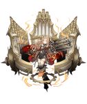  1girl blonde_hair chain full_body gears holding holding_weapon instrument ji_no lock long_hair looking_at_viewer mace official_art orange_eyes organ_(instrument) padlock pale_skin red_riding_hood_(sinoalice) sinoalice solo tattoo transparent_background veil weapon 