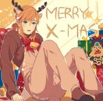  1boy animal_costume animal_ears antlers artist_name bell blonde_hair blue_eyes bow bowtie box brown_jacket cropped_jacket deer_ears eorinamo foot_out_of_frame gift gift_box hair_between_eyes highres jacket link long_sleeves low_ponytail male_focus medium_hair merry_christmas neck_bell parted_lips pointy_ears red_bow red_bowtie reindeer_antlers reindeer_costume sidelocks sitting solo the_legend_of_zelda the_legend_of_zelda:_breath_of_the_wild 