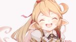  1girl :d ^_^ ^o^ blonde_hair bow charlotta_(granblue_fantasy) closed_eyes commentary facing_viewer granblue_fantasy hair_bow happy harvin jingai_modoki light_blush long_hair open_mouth pointy_ears portrait red_bow round_teeth simple_background smile solo teeth twitter_username upper_teeth_only white_background 