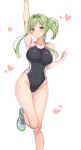  1girl absurdres alternate_hairstyle amagi_(amagi626) arm_up armpits black_one-piece_swimsuit breasts competition_swimsuit covered_navel curvy green_eyes green_hair green_hairband grey_footwear groin hairband highleg highleg_swimsuit highres impossible_clothes impossible_swimsuit knee_up looking_at_viewer medium_breasts narrow_waist one-piece_swimsuit paid_reward_available shoes short_hair short_hair_with_long_locks side_ponytail sneakers solo standing standing_on_one_leg sweat swimsuit teireida_mai touhou wide_hips 