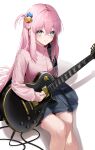  1girl 3: absurdres aqua_eyes bangs black_skirt blush bocchi_the_rock! cable closed_mouth cube_hair_ornament electric_guitar frown gibson_les_paul gotou_hitori guitar hair_ornament highres holding instrument jacket kuro_(rudyan0128) long_hair long_sleeves looking_at_viewer one_side_up pink_hair pink_jacket plectrum simple_background sitting skirt solo track_jacket very_long_hair white_background 
