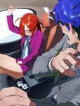  1boy 1girl ahoge blue_eyes blue_hair car_interior commentary covering covering_crotch english_commentary formal glasses hand_on_own_crotch have_to_pee highres long_hair necktie original red_hair skirt some1else45 suit trembling 