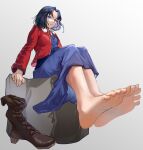  1girl bangs barefoot black_hair blue_eyes blue_kimono boots boots_removed fate_(series) feet foot_focus foreshortening jacket japanese_clothes kara_no_kyoukai kimono no_socks parted_bangs qingjiao_rou_si red_jacket ryougi_shiki short_hair sitting soles solo toes 