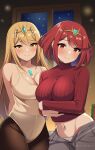  2girls absurdres alternate_costume bangs bare_shoulders blonde_hair breasts cleavage crop_top highres large_breasts leotard long_hair midriff multiple_girls mythra_(xenoblade) namu_(112namu) navel open_fly panties pants pantyhose pyra_(xenoblade) red_eyes red_hair red_sweater short_hair smile sweater swept_bangs unbuttoned underwear undressing unzipped very_long_hair xenoblade_chronicles_(series) xenoblade_chronicles_2 yellow_eyes 