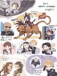  3girls 6+boys absurdres aerith_gainsborough animal armor bandaged_head bandages bangs black_hair black_jacket black_shirt blonde_hair blue_eyes braid braided_ponytail brown_eyes brown_hair cait_sith_(ff7) cape cat chibi cloud_strife crown elena_(ff7) facial_hair final_fantasy final_fantasy_vii final_fantasy_vii_advent_children flame-tipped_tail goatee goggles goggles_on_head green_eyes grey_hair hanaon highres holding holding_animal holding_cat holding_sword holding_weapon jacket low_ponytail marlene_wallace mini_crown multiple_boys multiple_girls open_mouth orange_fur parted_bangs pink_ribbon red_cape red_footwear red_hair red_jacket red_xiii reeve_tuesti reno_(ff7) ribbon riding_animal rude_(ff7) rufus_shinra scar scar_across_eye scar_on_cheek scar_on_face sephiroth shirt short_hair shoulder_armor sidelocks single_wing sketch spiked_hair sunglasses sweatdrop sword tan tears tseng weapon wings zack_fair 