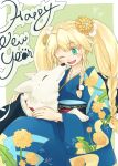  1girl animal blonde_hair braid clarissa_arwin flower green_eyes hair_flower hair_ornament happy_new_year japanese_clothes kimono long_hair nagi_mizuha one_eye_closed open_mouth smile twin_braids twintails wild_arms wild_arms_xf 