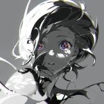  1girl blurry commentary_request depth_of_field facing_viewer greyscale highres looking_at_another monochrome open_mouth original portrait reflection short_hair solo spot_color teeth upper_teeth_only yoneyama_mai 