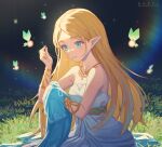  1girl absurdres bangs bare_shoulders blonde_hair blue_eyes bracelet dress highres holding holding_clothes holding_needle holding_shirt jewelry long_hair necklace needle on_grass parted_bangs pointy_ears princess_zelda sewing sewing_needle shirt signature sitting solo string_in_mouth the_legend_of_zelda the_legend_of_zelda:_breath_of_the_wild triforce white_dress x.x.d.x.c 