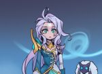  2girls :o bangs blush body_fur breasts diana_(league_of_legends) facial_mark forehead_mark green_eyes grey_hair horned_mask kindred_(league_of_legends) lamb_(league_of_legends) league_of_legends long_hair long_sleeves looking_at_viewer mask multicolored_background multiple_girls parted_lips phantom_ix_row shiny shiny_hair small_breasts snowflakes solo_focus teeth white_fur winterblessed_diana 
