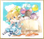  2boys 2girls :/ animal_on_head balloon bangs bird bird_on_head blonde_hair blue_eyes blue_jumpsuit blush candy chibi commentary_request cowlick dated food full_body hair_between_eyes hat head_wings holding holding_candy holding_food holding_lollipop jumpsuit lollipop looking_at_viewer marin_(ragnarok_online) mask masked mechanic_(ragnarok_online) multiple_boys multiple_girls on_head poporing poring pullcart ragnarok_online shikishi short_hair signature summoner_(ragnarok_online) swirl_lollipop tokio_(okt0w0) top_hat white_wings wings 