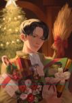  1boy absurdres ascot bangs birthday black_hair bottle bow box broom christmas christmas_tree closed_mouth didwud flower gift gift_box grey_eyes highres holding holding_gift indoors levi_(shingeki_no_kyojin) light_smile male_focus parted_bangs red_bow red_flower red_rose rose shingeki_no_kyojin short_hair solo upper_body white_ascot white_flower white_rose wine_bottle 
