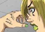  1girl blonde_hair body_writing commentary_request eyelashes eyeshadow green_eyes green_lips green_nails highres jojo_no_kimyou_na_bouken kujo_jolyne makeup official_style parted_lips shideboo_(shideboh) solo stone_ocean translation_request yellow_eyeshadow 