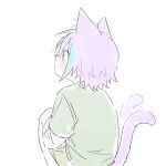  1boy animal_ears aqua_hair bangs cat_boy cat_ears cat_tail closed_mouth green_shirt hk_(wgyz7222) kamishiro_rui multicolored_hair project_sekai purple_hair shirt short_hair shorts streaked_hair tail white_background wiggling yellow_eyes 