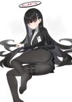  1girl :/ absurdres arm_support ass bangs black_hair black_jacket black_pantyhose black_skirt black_suit blue_archive breasts bright_pupils closed_mouth commentary feet foot_out_of_frame formal full_body hair_behind_ear hair_ornament hairclip halo highres id_card jacket large_breasts legs long_hair long_sleeves looking_at_viewer miniskirt no_shoes panties panties_under_pantyhose pantyhose pleated_skirt reclining red_eyes rio_(blue_archive) scattered_hair see-through see-through_legwear shirt sidelocks simple_background skindentation skirt soles solo suit sweatdrop symbol-only_commentary tamago_(eva1314056) thigh_strap thighs toes turtleneck underwear v-shaped_eyebrows very_long_hair white_background white_panties white_pupils white_shirt 