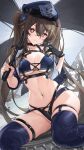  1girl alternate_costume azur_lane baltimore_(azur_lane) baltimore_(azur_lane)_(cosplay) baltimore_(finish_line_flagbearer)_(azur_lane) bangs bikini black_bikini black_choker black_gloves blue_bikini blue_flower blue_headwear blue_jacket blue_shorts blue_thighhighs breasts brown_hair catsmoon chest_harness choker cleavage closed_mouth commentary_request cosplay cropped_jacket cross-laced_clothes crossed_bangs detached_sleeves flower flower-shaped_pupils genshin_impact gloves hair_between_eyes hair_flower hair_ornament hands_up harness hat highleg highleg_bikini highres holding hu_tao_(genshin_impact) jacket linea_alba long_hair looking_at_viewer medium_breasts micro_shorts mismatched_bikini navel peaked_cap race_queen red_eyes shorts single_glove sitting skindentation smile solo stomach swimsuit symbol-shaped_pupils thigh_strap thighhighs thighs twintails very_long_hair wavy_mouth wide_sleeves 