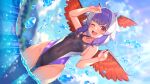  1girl bare_arms bare_legs bare_shoulders bird_wings black_one-piece_swimsuit blue_hair blush breasts collarbone commission competition_swimsuit feathered_wings grey_hair kouzuki_tsubasa_(musou_kaidou) multicolored_hair one-piece_swimsuit one_eye_closed open_mouth partially_submerged red_eyes red_wings short_hair skeb_commission small_breasts smile solo swimsuit tokiko_(touhou) touhou two-tone_hair water wings 